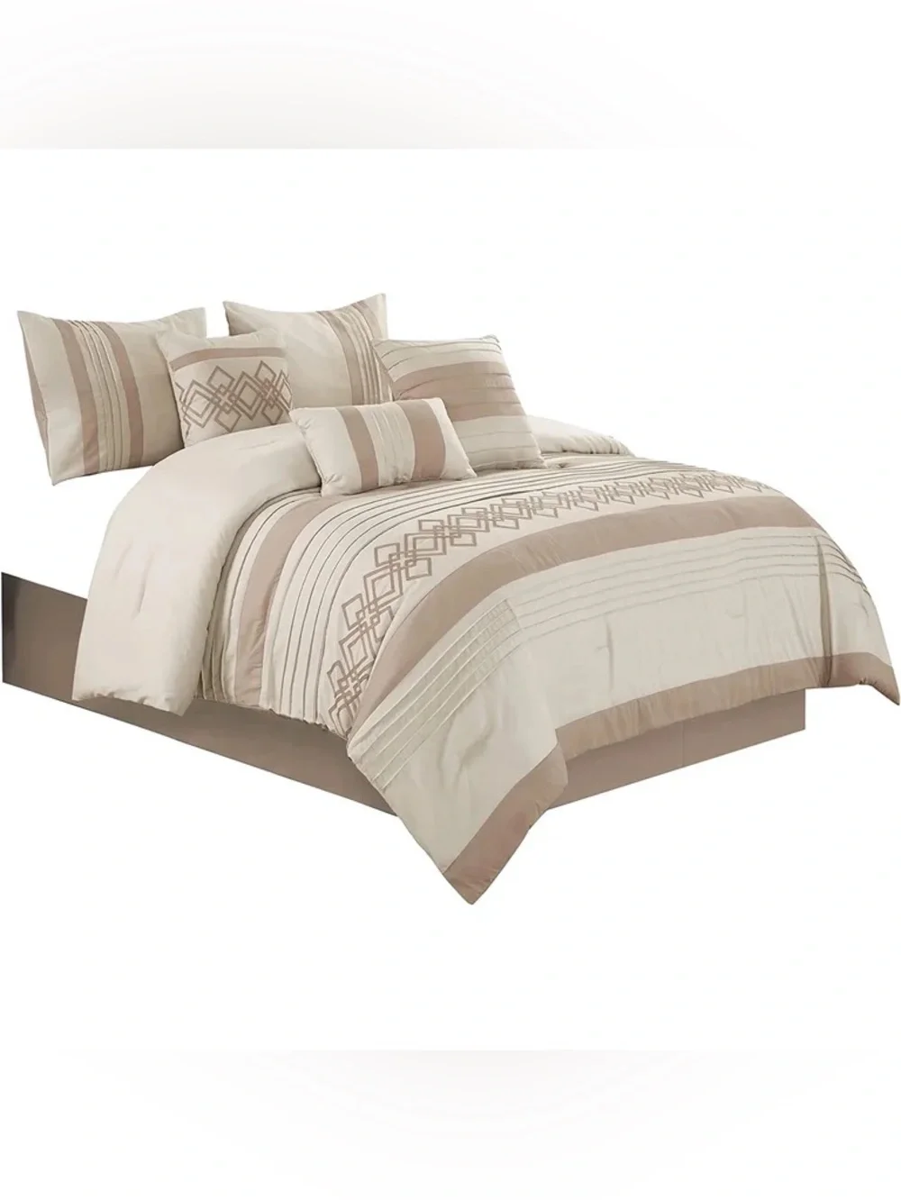 Cream and Taupe Geometric king 3 piece Embroidered Comforter Set